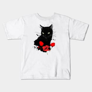 Black Cat and Red Poppies Kids T-Shirt